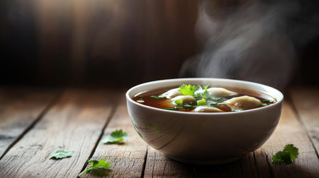 A steaming bowl of soup with floating momos, garnished with green onions and cilantro, set against a rustic wooden background for a comforting and warm vibeの素材