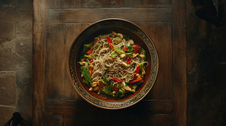 A stunning overhead shot of a soba noodle salad with vibrant vegetables, nuts, and a sesame dressing, beautifully presented on a rustic wooden tableの素材
