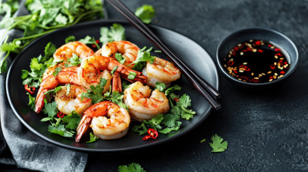 A serene presentation of tempura shrimp on a black plate, elegantly garnished with herbs and served with a bowl of soy sauce for dippingの素材