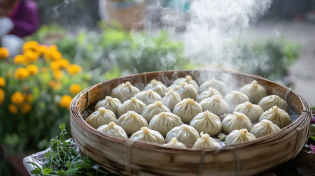 A steaming basket of momos, freshly made and ready to serve, with a backdrop of vibrant herbs and spices, capturing the essence of traditional cookingの素材