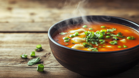 A steaming bowl of soup with floating momos, garnished with green onions and cilantro, set against a rustic wooden background for a comforting and warm vibeの素材