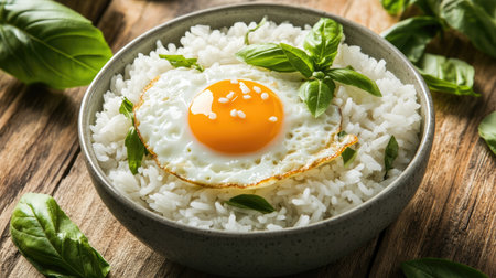 A serene setting featuring a bowl of basil fried rice topped with a fried egg, with a drizzle of soy sauce and fresh basil on a wooden table, creating a cozy atmosphereの素材