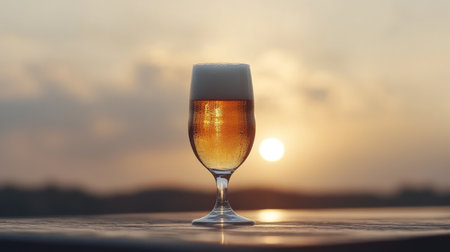 A stunning visual of a beer glass against a dramatic sunset, reflecting the warm hues of the sky, creating an inviting atmosphere for evening gatheringsの素材