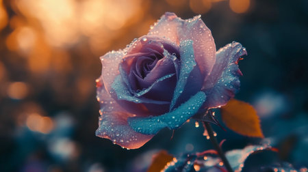 A stunning rose adorned with dew drops on its soft petals, illuminated by the gentle glow of morning sunlight, showcasing the beauty of nature.の素材