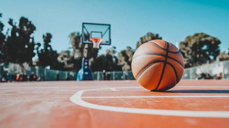 A vibrant basketball sits on an outdoor court, capturing the essence of sports and leisure. The hoop stands in the background, inviting play and competition.の素材
