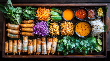 Explore the vibrant and fresh Vietnamese cuisine with this beautifully arranged platter. Enjoy crispy rolls, fresh herbs, vegetables, and flavorful dipping sauces for a delightful culinary experience.の素材