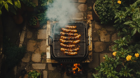 Aerial view of grilling sausages on a barbecue, surrounded by vibrant greenery and smoke, creating a delicious atmosphere for outdoor cooking and gatherings.の素材