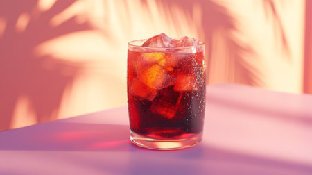A refreshing sparkling beverage served in a stylish glass filled with ice cubes. The vibrant colors and unique shadows create an inviting summer vibe.の素材