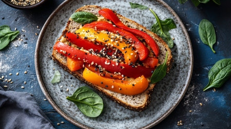 An artistic arrangement of a vegan sandwich with hummus, roasted peppers, and spinach on whole grain bread, garnished with seeds and served on a plate.の素材