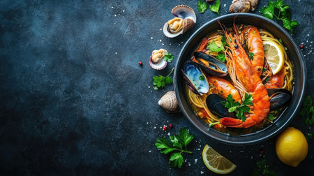 A bowl of seafood spaghetti with prawns, mussels, and clams, topped with fresh parsley and lemon wedges, with shells and herbs around the bowlの素材
