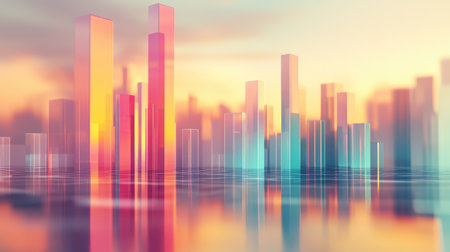 A D stacked bar chart with gradient colors, showing financial trends on a reflective surface, with a soft light backgroundの素材