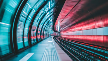 A captivating view of a futuristic subway tunnel featuring vibrant neon lighting and curved tracks. This modern architectural design evokes a sense of motion and energy.の素材