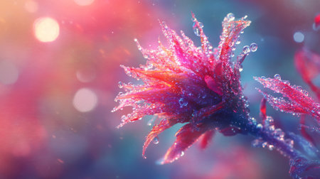 A stunning close-up of a vibrant flower adorned with dew drops, set against a colorful and softly blurred background, creating a dreamlike atmosphere.の素材