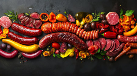 An artistic arrangement of colorful fresh meats, including steaks and sausages, on a dark surface with a touch of olive oil drizzled for visual appeal.の素材