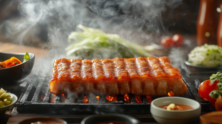 Mouth-watering grilled meat sizzles on a BBQ grill, surrounded by fresh vegetables and sauces. Perfect for showcasing delicious culinary creations.の素材