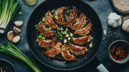 An artistic shot of gyoza being pan-fried in a skillet, with the crispy bottoms sizzling, surrounded by fresh ingredients like garlic and scallions for a vibrant presentation.の素材