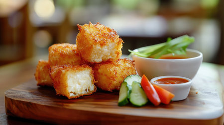 A beautiful presentation of cheese korokke on a wooden serving board, accompanied by a small bowl of spicy dipping sauce and sliced vegetablesの素材