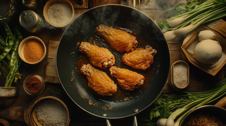 An artistic shot of Korean fried chicken wings being cooked in a pan, surrounded by fresh ingredients and spices, highlighting the delicious cooking process.の素材