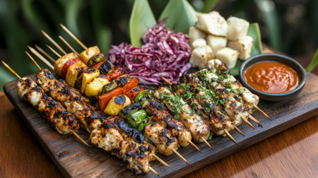 An elegant display of grilled chicken and vegetable skewers, arranged on a rustic board with vibrant garnishes and a dipping sauce on the side.の素材