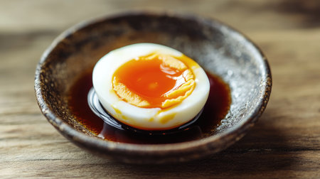 A close-up of a perfectly marinated egg cut in half, showcasing the creamy yolk and glossy soy sauce coating, placed on a rustic wooden table for a cozy feelの素材