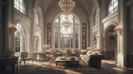 An elegant living room with high ceilings, beautiful chandeliers, and a comfortable sofa arranged around a classic coffee table for an inviting feel.の素材