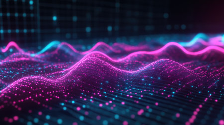 A digital screen displaying a line graph with multiple colored lines moving upward, over a dark grid background with glowing data pointsの素材