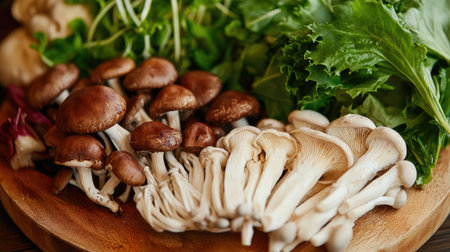 A close-up of sukiyaki ingredients artfully arranged on a wooden board, featuring mushrooms, leafy greens, and thinly sliced beef, emphasizing the freshness of each itemの素材