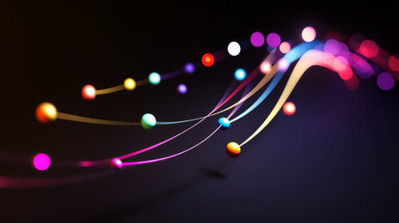 An abstract financial graph with curved lines and colorful dots, symbolizing growth and trends in business finance, positioned on a dark gradient background.の素材