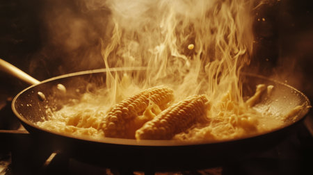 An artistic shot of hot cheese corn sizzling in a pan, with the cheese bubbling and the corn perfectly cooked, emphasizing the cooking process and enticing aroma.の素材