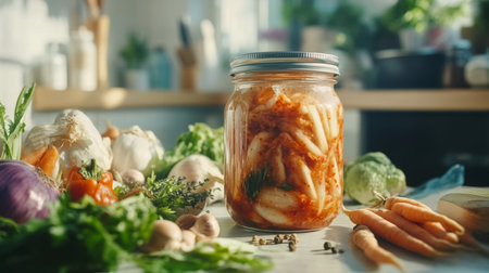 An artistic shot of a jar of kimchi fermenting on a kitchen counter, surrounded by fresh vegetables and spices, highlighting the traditional preparation process.の素材