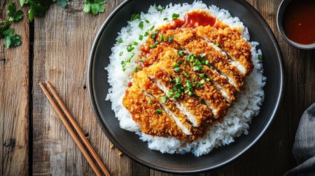 A cozy kitchen scene featuring curry rice with tonkatsu on a rustic wooden table, complete with chopsticks and a small bowl of dipping sauce, inviting warmth and home cookingの素材