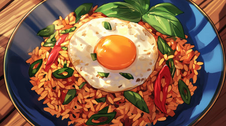 A close-up of a vibrant plate of basil fried rice topped with a perfectly fried egg, garnished with fresh basil leaves and chili slices, against a rustic wooden backgroundの素材