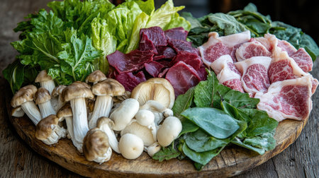 A close-up of sukiyaki ingredients artfully arranged on a wooden board, featuring mushrooms, leafy greens, and thinly sliced beef, emphasizing the freshness of each itemの素材