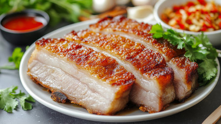 An artistic shot of crispy pork belly garnished with fried garlic and served with a side of tangy fish sauce, emphasizing the dish's rich flavors and appealing presentation.の素材