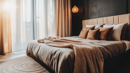 A cozy bedroom featuring a large bed with soft pillows and a warm blanket, illuminated by natural light streaming through sheer curtains, creating a serene atmosphereの素材