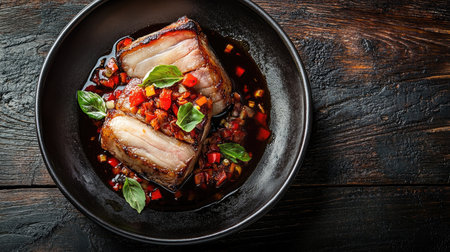 A dish of stir-fried pork belly with chili and basil, served on a dark ceramic plate with a rustic wooden backgroundの素材