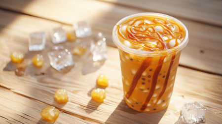 A plastic cup of bubble tea with caramel swirls and tapioca pearls, on a light wooden table with ice cubes, creating a sweet and inviting lookの素材