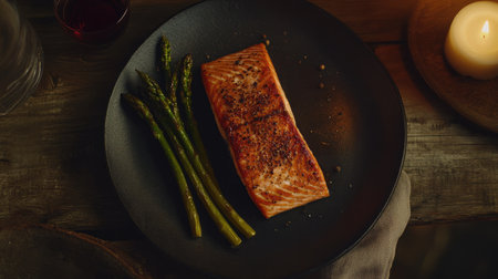 A minimalist presentation of grilled salmon on a slate plate, garnished with cracked black pepper and a side of asparagus, showcasing the elegance of simplicity in platingの素材