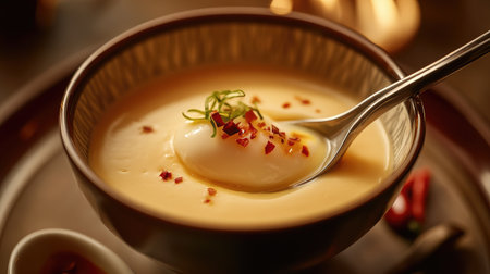 A creative angle of a bowl of steamed egg custard, with a spoon partially submerged, showcasing the creamy texture and garnishes in a softly lit environmentの素材