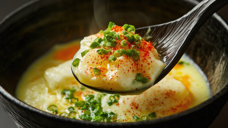 A dynamic shot of a spoonful of steamed egg custard being lifted from the bowl, showcasing its smooth consistency and inviting texture against a contrasting backgroundの素材