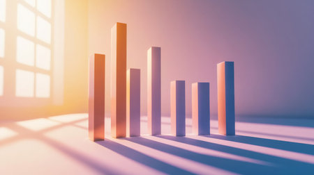 A clean and minimalist D bar chart with tall, evenly spaced bars, cast shadows on a subtle gradient background, emphasizing clarity and precision in financial data.の素材