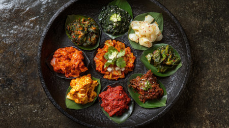 A beautifully arranged plate of vibrant kimchi varieties, showcasing different textures and colors, served in traditional Korean ceramics for an authentic presentation.の素材