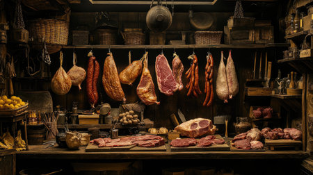 A rustic butcher shop scene featuring various cuts of meat hanging, including sausages and hams, set against a backdrop of wooden shelves and traditional toolsの素材