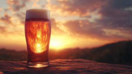 A stunning visual of a beer glass against a dramatic sunset, reflecting the warm hues of the sky, creating an inviting atmosphere for evening gatheringsの素材