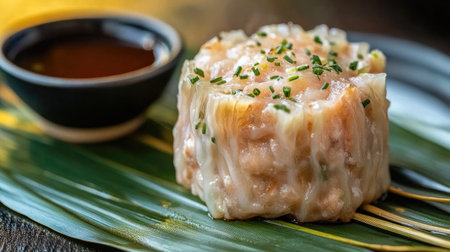 A striking image of a single siu mai resting on a bamboo leaf, garnished with herbs and accompanied by a small bowl of soy sauce for dipping, emphasizing its flavorsの素材
