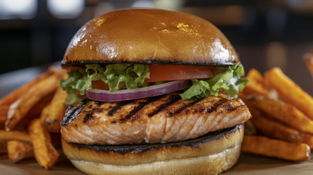 A close-up of a grilled salmon burger with fresh toppings, served on a toasted bun with a side of sweet potato fries, emphasizing its hearty and delicious appeal.の素材