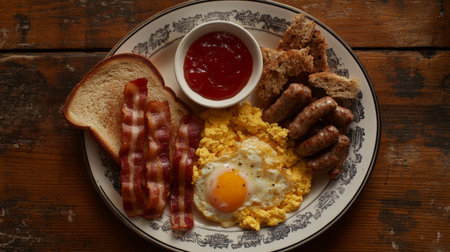 A mouthwatering breakfast plate featuring scrambled eggs, crispy bacon, sausages, and toast with ketchup, perfect for a cozy morning meal.の素材