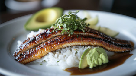 An elegant arrangement of grilled eel laid atop a bed of sushi rice, drizzled with sweet sauce and garnished with avocado slices for a gourmet touchの素材