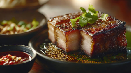 A beautifully plated dish of crispy pork belly, glistening with a drizzle of fish sauce, garnished with fresh herbs and served with a side of spicy dipping sauce.の素材