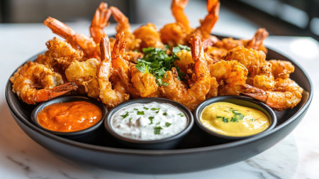 A dynamic shot of a platter filled with assorted tempura shrimp, accompanied by colorful dipping sauces and garnished with fresh herbsの素材